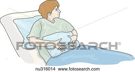 Young female patient in hospital bed holding pillow across abdomen to manage pain. View Large Illustration Stock Illustration - Young female patient in hospital bed holding pillow across abdomen to manage pain.. Fotosearch