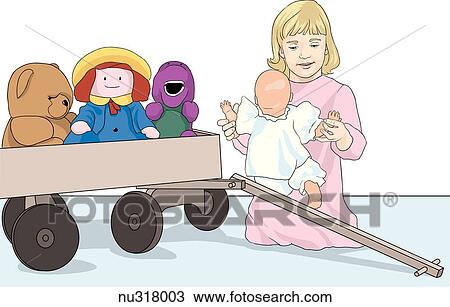 Young girl plays with doll in room with toys. View Large Illustration Drawing - Young girl plays with doll in room with toys.. Fotosearch