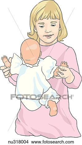 Stock Illustration - Young girl plays with doll.. Fotosearch