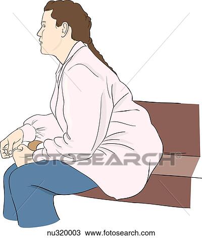 Young woman sits in chair listening. View Large Illustration Drawing - Young woman sits in chair listening.. Fotosearch