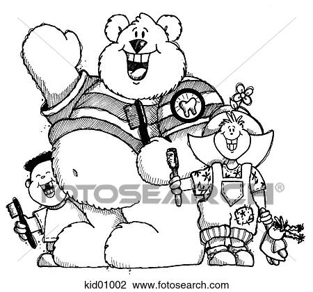 Drawing of bear and kids with toothbrushes. View Large Illustration Drawing - Drawing of bear and kids with toothbrushes.. Fotosearch