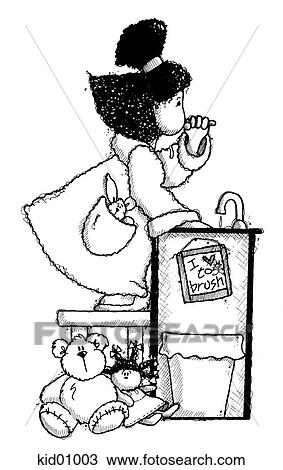 Drawing of girl brushing teeth before bedtime. View Large Illustration Drawing - Drawing of girl brushing teeth before bedtime.. Fotosearch