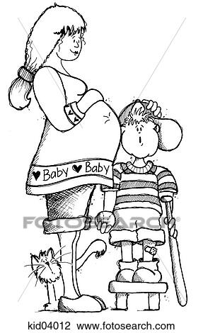 Drawing - Illustration of boy listening to pregnant mother's tummy.. Fotosearch