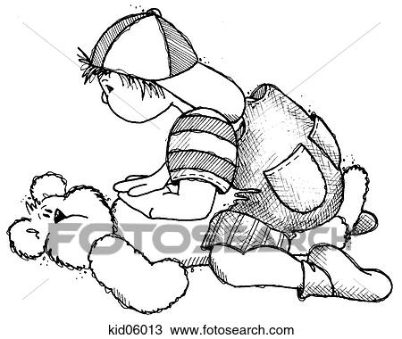 Drawing - Illustration of boy practicing CPR on teddy bear.. Fotosearch