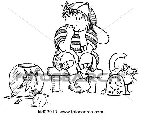 Illustration of boy sitting in time out chair after breaking a glass bowl. View Large Illustration Drawing - Illustration of boy sitting in time out chair after breaking a glass bowl.. Fotosearch