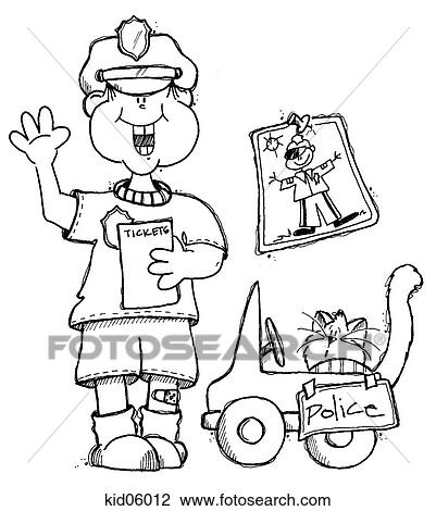 Drawing - Illustration of boy with cat dressed-up as policeman.. Fotosearch