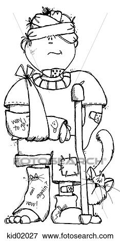 Stock Illustration - Illustration of boy with multiple injuries: casts on arm and leg, multiple bandages, and arm in sling.. Fotosearch