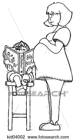 Drawing - Illustration of boy with pregant mother looking at a baby book.. Fotosearch