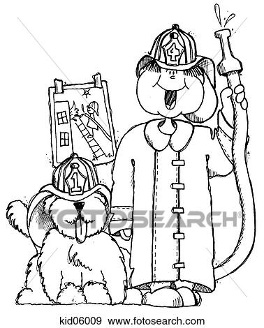 Stock Illustration - Illustration of child and dog dressed as firemen.. Fotosearch