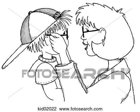 Illustration of child being fitted for glasses. View Large Illustration Drawing - Illustration of child being fitted for glasses.. Fotosearch