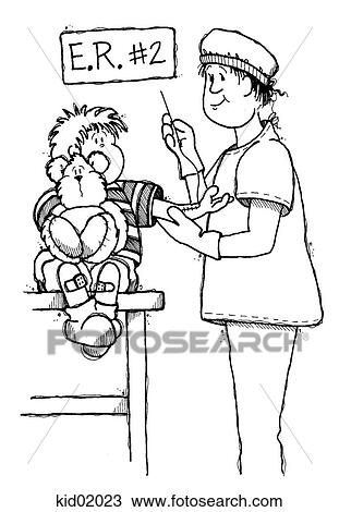 Illustration of child getting stitches in arm. View Large Illustration Drawing - Illustration of child getting stitches in arm.. Fotosearch