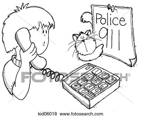 Stock Illustration - Illustration of child using telephone to dial 911.. Fotosearch