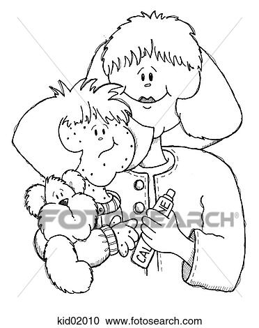 Illustration of child with chicken pox. Mother is holding calamine lotion. View Large Illustration Clipart - Illustration of child with chicken pox. Mother is holding calamine lotion.. Fotosearch