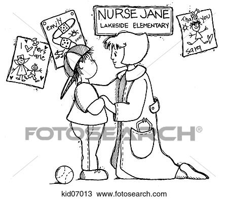 Drawing - Illustration of child with school nurse.. Fotosearch