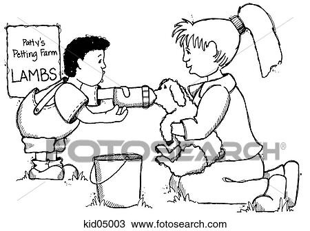 Illustration of children feeding a lamb a bottle. View Large Illustration Drawing - Illustration of children feeding a lamb a bottle.. Fotosearch