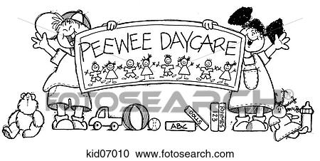 Clipart - Illustration of children holding sign that says "PeeWee Daycare. ". Fotosearch