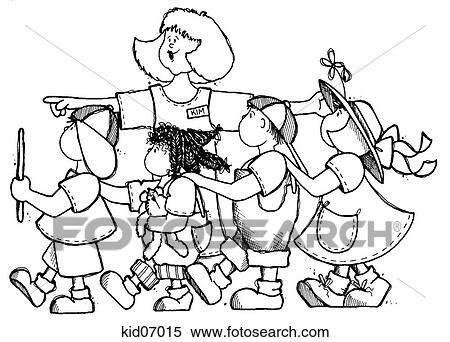 Illustration of children in a line with teacher pointing the direction they should go. View Large Illustration Stock Illustration - Illustration of children in a line with teacher pointing the direction they should go.. Fotosearch