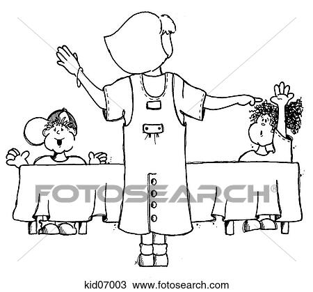 Illustration of children participating in class with teacher. View Large Illustration Drawing - Illustration of children participating in class with teacher.. Fotosearch