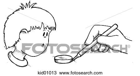 Illustration of dental mirror coming towards a child's closed mouth. View Large Illustration Drawing - Illustration of dental mirror coming towards a child's closed mouth.. Fotosearch
