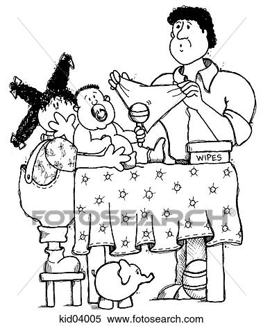 Stock Illustration - Illustration of father changing baby's diaper with older child watching and laughing.. Fotosearch