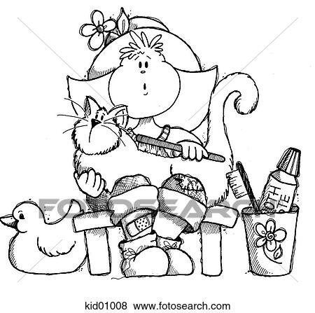 Illustration of girl brushing her kitty's teeth. View Large Illustration Stock Illustration - Illustration of girl brushing her kitty's teeth.. Fotosearch