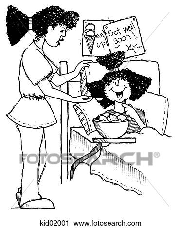 Clip Art - Illustration of girl in hospital bed after tonsillectomy.. Fotosearch