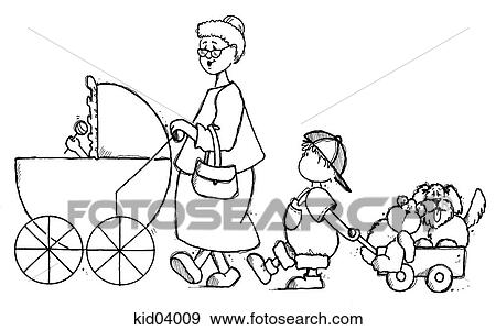 Stock Illustration - Illustration of grandmother with stroller taking baby and older child for a walk.. Fotosearch