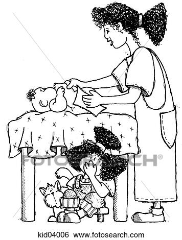 Stock Illustration - Illustration of mother changing infant's diaper with older child nearby.. Fotosearch