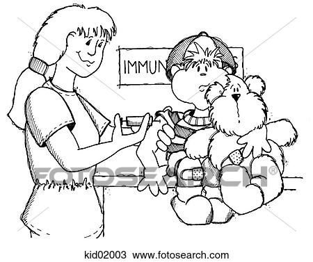 Illustration of nurse giving boy a needle in the arm. View Large Illustration Drawing - Illustration of nurse giving boy a needle in the arm.. Fotosearch