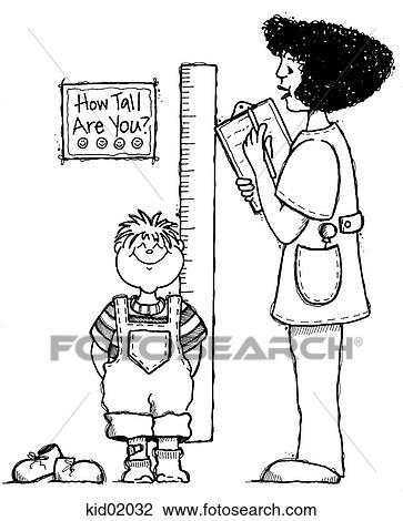Illustration of nurse measuring height of child. View Large Illustration Drawing - Illustration of nurse measuring height of child.. Fotosearch