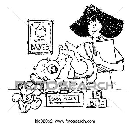 Drawing - Illustration of nurse weighing baby on infant scale.. Fotosearch
