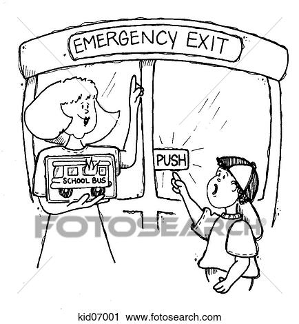 Illustration of teacher showing child the emergency exit on the school bus. View Large Illustration Clip Art - Illustration of teacher showing child the emergency exit on the school bus.. Fotosearch