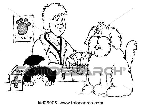 Stock Illustration - Illustration of veterinarian bandaging dog's paw with child looking on.. Fotosearch