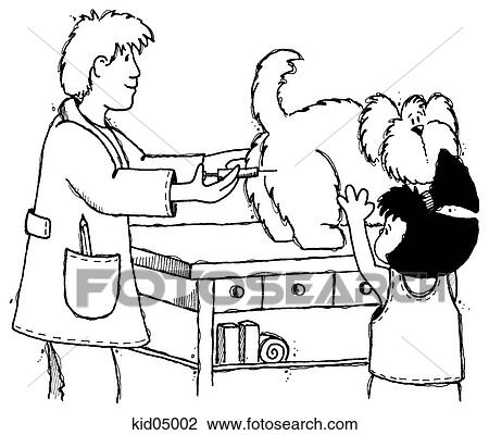 Drawing - Illustration of veterinarian giving dog his shots.. Fotosearch