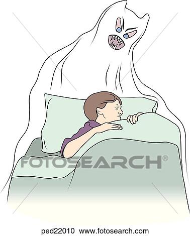 Child in bed suffering from nightmares. View Large Illustration Clipart - Child in bed suffering from nightmares.. Fotosearch
