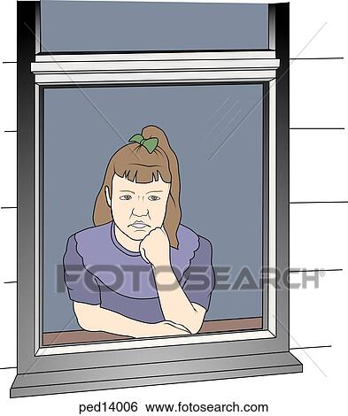 Stock Illustration - Depressed young girl looking out window.. Fotosearch