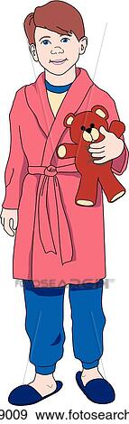 Drawing of a boy in night clothes holding a teddy bear. View Large Illustration Stock Illustration - Drawing of a boy in night clothes holding a teddy bear.. Fotosearch