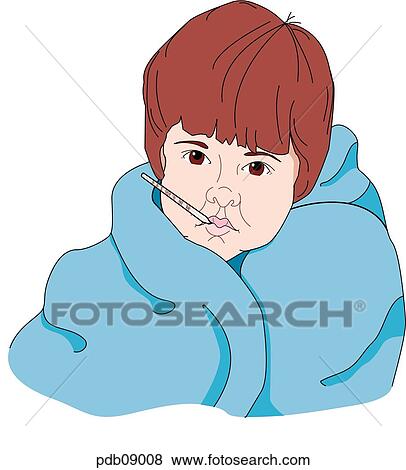 Stock Illustration - Drawing of a sick child wrapped in a blanket with a thermometer in his mouth.. Fotosearch