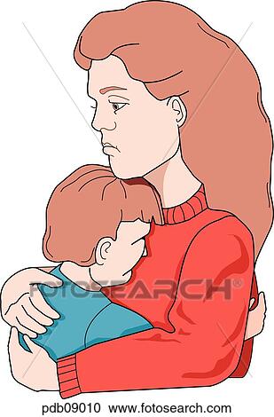 Clipart - Drawing of a woman embracing a sick child.. Fotosearch