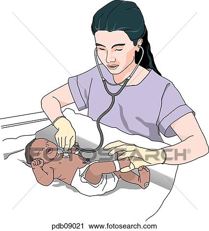Drawing of? black? newborn getting checkup. View Large Illustration Clip Art - Drawing of? black? newborn getting checkup.. Fotosearch
