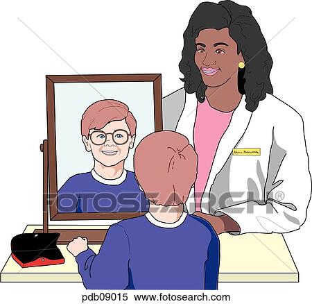 Drawing of boy trying on new glasses before mirror, attended by? black?, female optometrist. View Large Illustration Stock Illustration - Drawing of boy trying on new glasses before mirror, attended by? black?, female optometrist.. Fotosearch