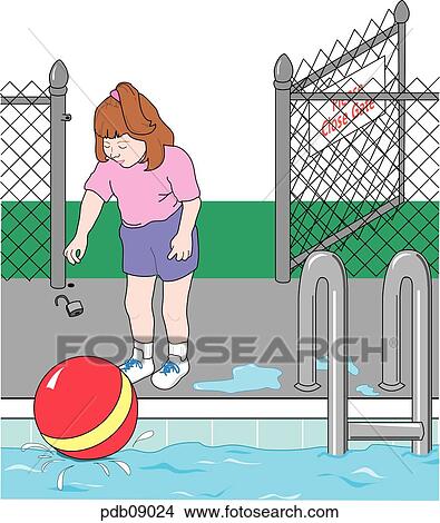 Stock Illustration - Drawing of child chasing ball into swimming pool.. Fotosearch