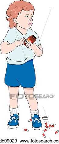 Drawing of child playing with and ingesting pills. View Large Illustration Drawing - Drawing of child playing with and ingesting pills.. Fotosearch