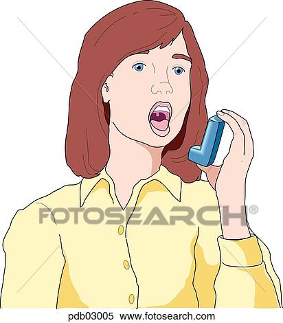 Stock Illustration - Drawing of girl preparing to use inhaler during asthma attack.. Fotosearch