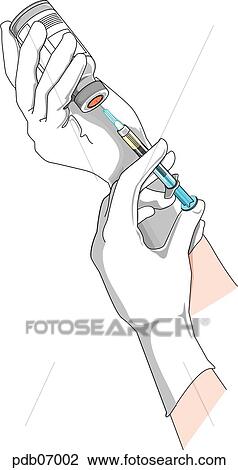 Drawing - Drawing of gloved hands filling a hypodermic syringe.. Fotosearch
