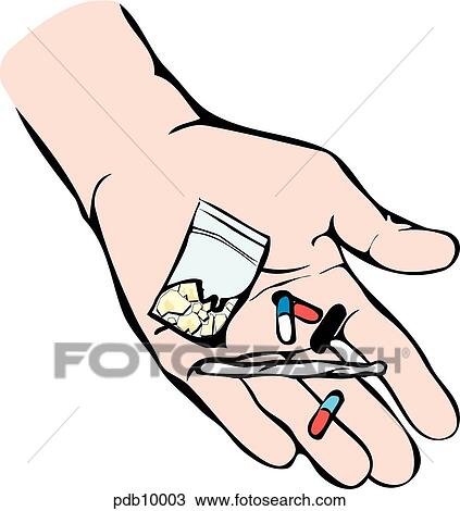 Drawing of hand holding various controlled substances. View Large Illustration Drawing - Drawing of hand holding various controlled substances.. Fotosearch