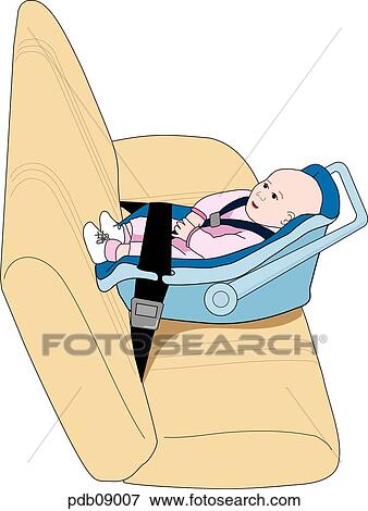 Stock Illustration - Drawing of infant properly strapped in infant seat in back seat of car.. Fotosearch