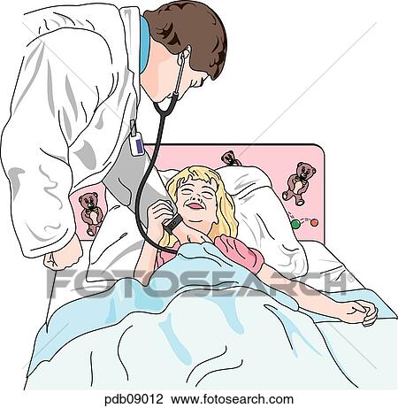 Drawing - Drawing of male doctor examining laughing girl lying in bed.. Fotosearch