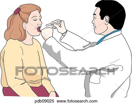Stock Illustration - Drawing of male doctor examining girl's throat, using tongue depressor & flashlight.. Fotosearch