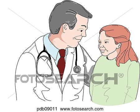 Clip Art - Drawing of male doctor with young girl.. Fotosearch